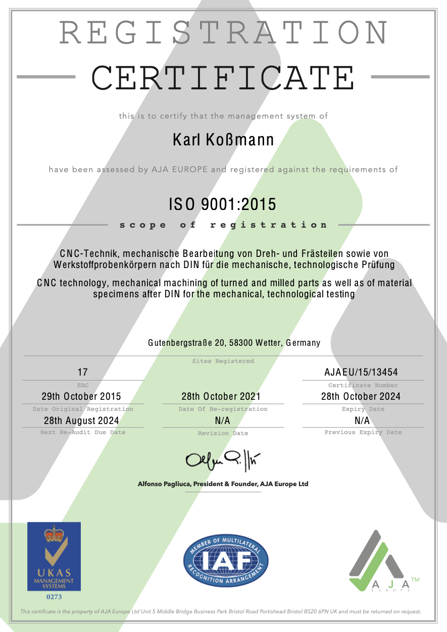 ISO 9001 2015 Zertifikat Koßmann 2021
